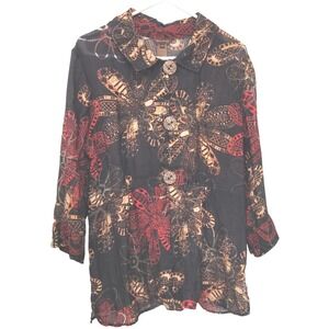 Multiples Floral Batik Button Front Blouse Womens XL Black Red Artsy Relaxed